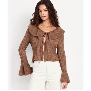 NWOT Old Navy Women’s Brown Lightweight Tie Front Ruffle Sweater | L